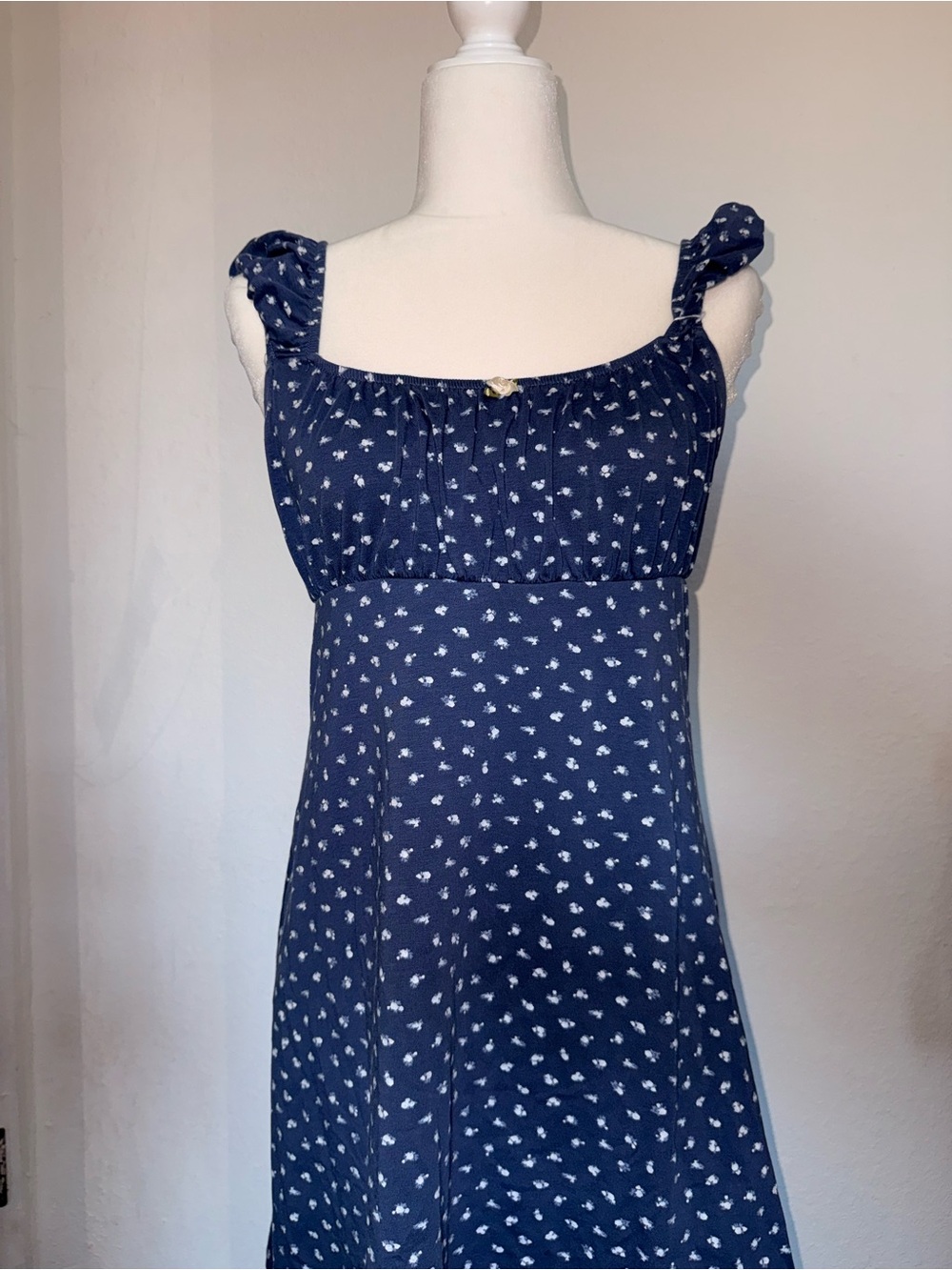 33. Navy blue with white polka dot cotton & spandex dress in a L